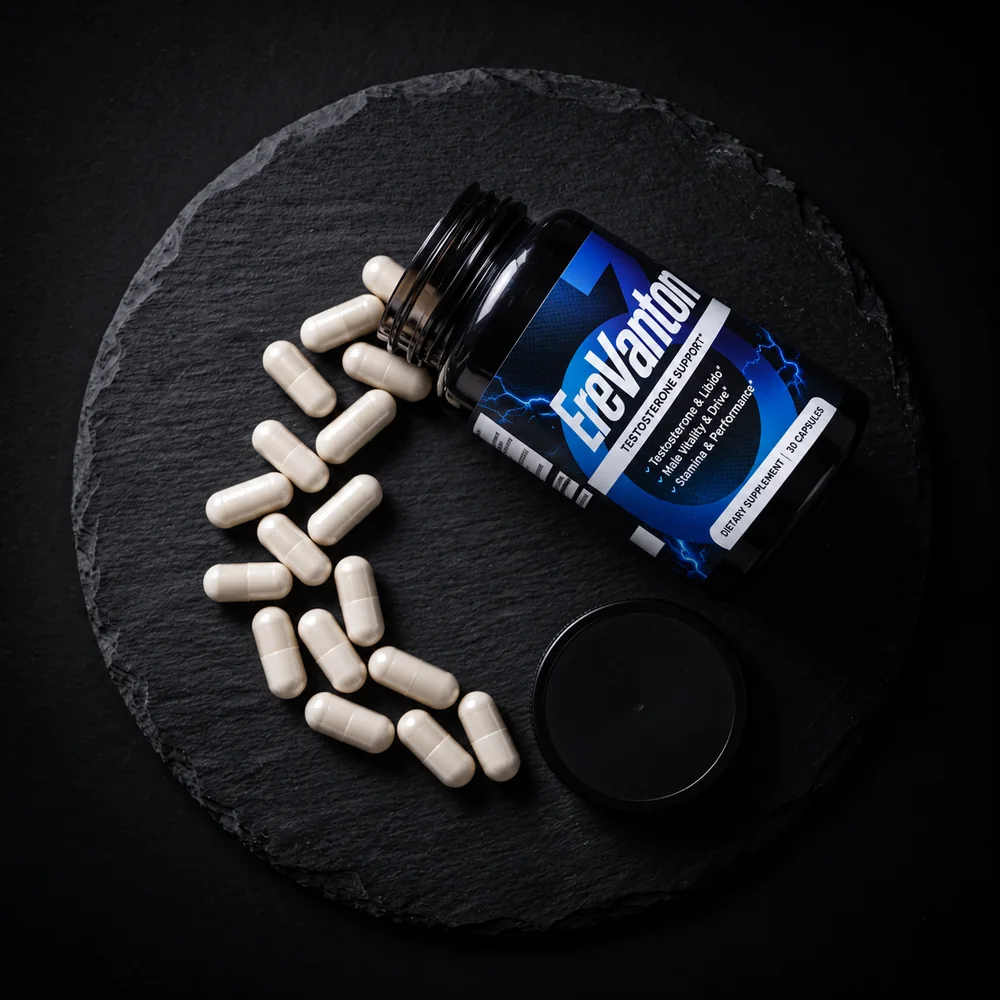 EreVanton® bottle tipped over with capsules on slate